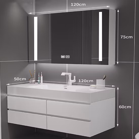 un set da bagno di lusso dallo stile moderno e minimalista caratterizzato da un lavabo in ceramica bianca, una luce a specchio rettangolare a LED e un piano di lavoro bianco